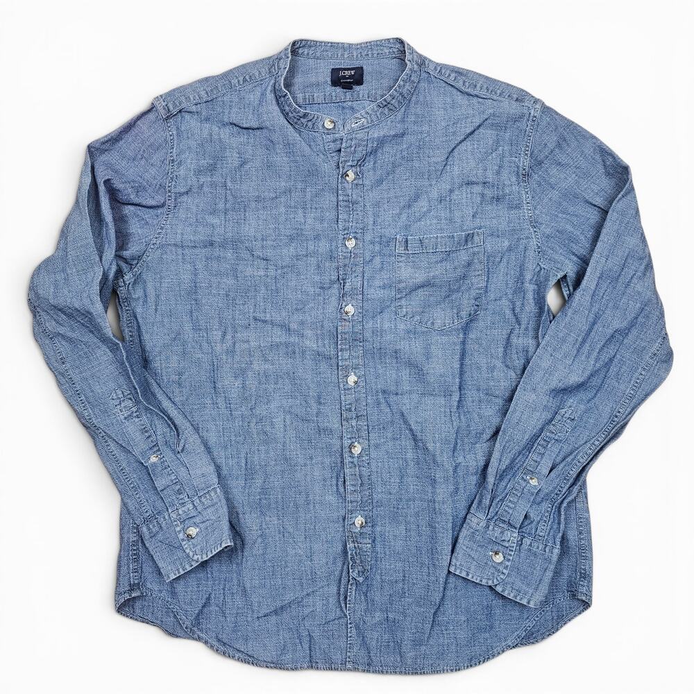 J CREW Chambray Shirt Mens L Band Collar Denim Minimalist Elevated Summer Casual